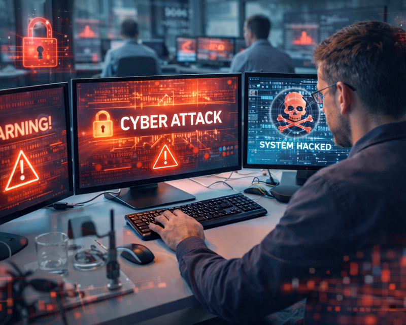 Cyberangriff auf Arztpraxis – Ransomware-Warnung auf mehreren Bildschirmen