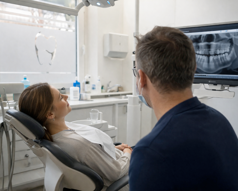 Zahnarzt zeigt Patientin Röntgenbild auf Monitor – ePA und digitale Patientenakte in der Zahnarztpraxis